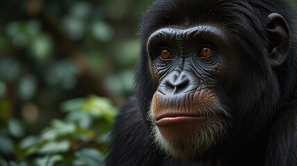 Obraz premium Close-up of a chimpanzee face. Deep in the forest, a pensive look