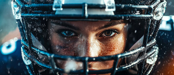 Fierce female athlete in American football gear, intense blue eyes, dirt-covered face, and black war paint. Powerful sports portrait exuding determination, strength, competitive spirit.Generative ai