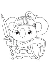 Coloring book Brave knight koala with sword and shield