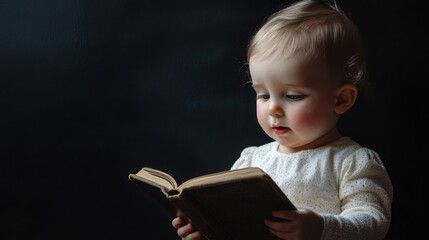 Caucasian child with blonde hair reading book against dark background with dramatic lighting