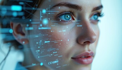 Close-up woman face with digital interface overlay, representing AI, technology, and human-machine integration. Blue eyes look futuristic tech. Concept of future, cyber, virtual world.