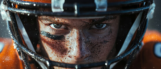 Close up of cinematic portrait of American football player in helmet and jersey, intense gaze through the facemask. Gameday adrenaline, determination, power. Sports competition energy. Generative ai