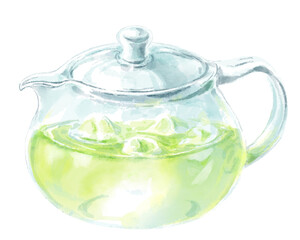 ガラスのティーポットに入った冷たい緑茶の水彩イラスト