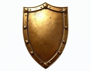 Gold shield with embossed edges. Shiny surface, decorative studs. Isolated on white background. Medieval, fantasy theme. Armor, protection, security, combat, knight, warrior.