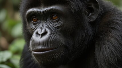 Obraz premium Close-up of a pensive gorilla head, showcasing intricate facial features and deep, amber eyes within lush green foliage