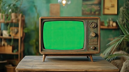 Old-fashioned television set with a green screen placed on a wooden table, offering a nostalgic aesthetic.