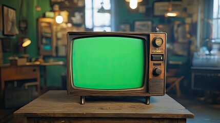 Old-fashioned television set with a green screen placed on a wooden table, offering a nostalgic aesthetic.