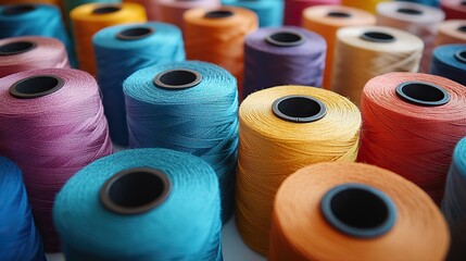 Colorful thread spools arranged on a white surface create a vibrant sewing scene.