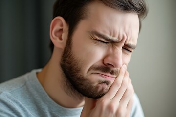 A man experiencing intense toothache, his face contorted in pain, clutching his jaw with a worried expression, soft lighting highlighting the detail of his discomfort.