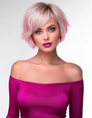 Naklejka premium studio portrait of a blonde woman with short hair wearing a low cut pink fuchsia top with nude shoulders on a white background, fashion photography