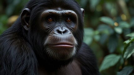 Obraz premium Close-up of a chimpanzee's face in a lush forest