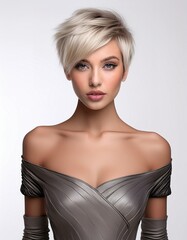 Fototapeta premium studio portrait of a blonde woman with short hair wearing a low cut grey leather top with nude shoulders on a white background, fashion photography