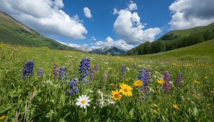 Obraz premium Blooming wildflowers in a scenic mountain meadow nature photography bright daylight vibrant landscape