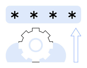 Gear mechanism below cloud, password with asterisks above, upward arrow. Ideal for security, technology, encryption, cloud storage, data backup workflow progress. Flat simple metaphor