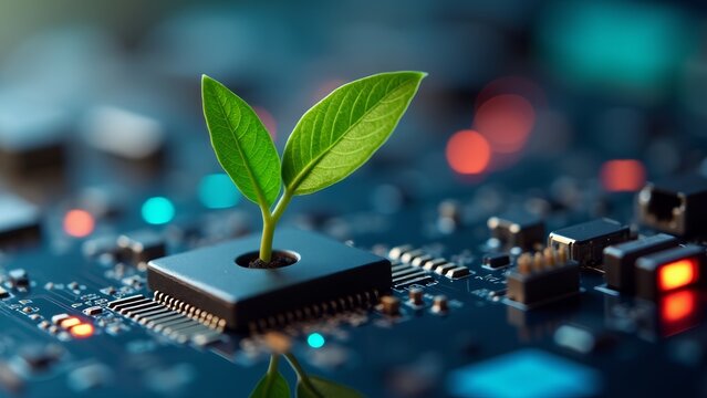 Green Sprout Growing From Computer Chip - Powered by Adobe