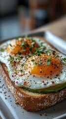 Delicious Avocado Toast with Fried Eggs Seasoning and Microgreens