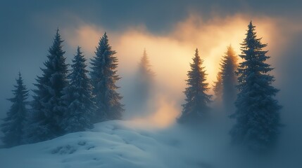 Fototapeta premium Coniferous trees, blanketed in snow, rise through thick fog, crafting a stunning winter wonderland of tranquil beauty and serene magic.