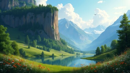 Serene Mountain Lake Landscape With Cliffs