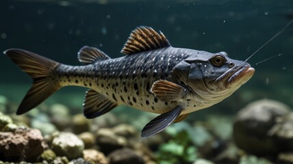 Obraz premium A fish swimming in an aquarium. Detailed view of its scales, fins, and body