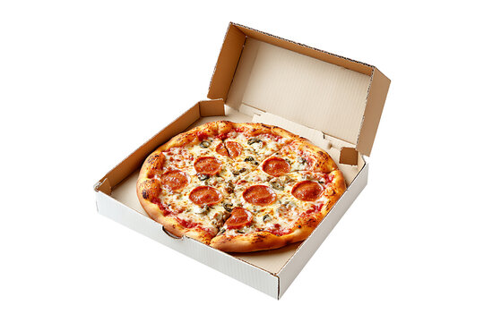Open blank carton pizza box Isolated on White and Transparent Background PNG Image.