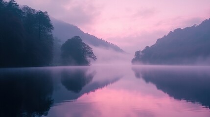 Fototapeta premium Misty lake sunrise reflecting mountains