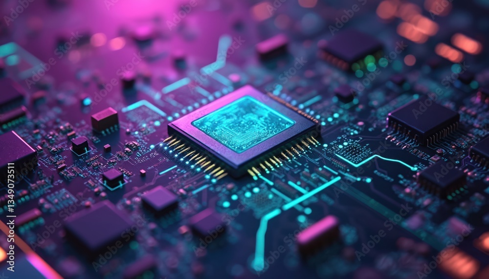 Poster futuristic microchip design. purple, blue color scheme. tech, innovation, computer hardware concept.