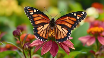 Fototapeta premium Orange butterfly on pink flower, garden setting