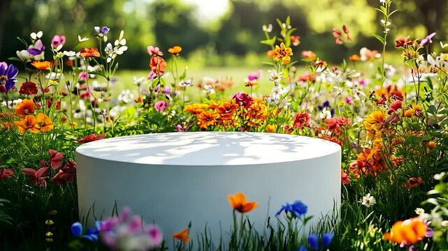 Podium flower product white 3d spring table beauty stand display nature white. Garden floral background cosmetic field scene
