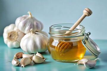 A glass jar of honey with a wooden dipper, surrounded by garlic cloves on a turquoise table. The image suggests a natural remedy or health-boosting concoction.