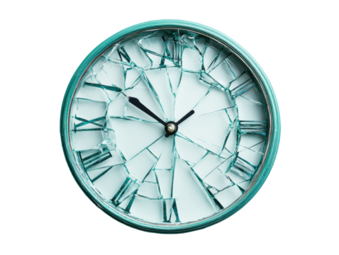 Broken clock with shattered glass in an antique style on a transparent background, cut out - Powered by Adobe