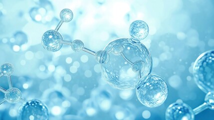Transparent blue molecular structures elegantly float against a soft, light-filled background, perfect for scientific, medical.