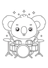 coloring book koala play drum illustration with spirit face illustration