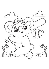 Coloring book koala playing base ball happy face illustration