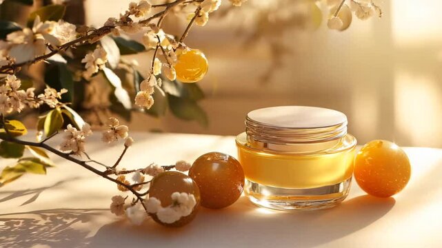 A luxurious skincare cream in a glass jar, bathed in the warm golden light of sunset. Surrounded by golden fruits and delicate frosted branches, this image exudes elegance, nourishment