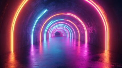 Neon Tunnel with Vibrant Pink Blue Orange Lights