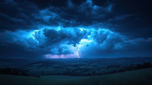Dark rolling hills are dramatically illuminated by lightning bolts during a powerful nighttime thunderstorm, creating a furious, ominous atmosphere.