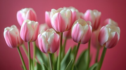 Fototapeta premium Delicate pink and white tulips, with pastel hues and elegance, create a romantic atmosphere perfect for celebrating love, spring, or Valentine's Day.