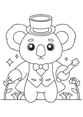 Coloring book koala wearing magical uniform and hat illustration
