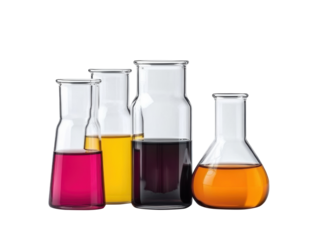 Colorful liquids in glass laboratory flasks on a white background