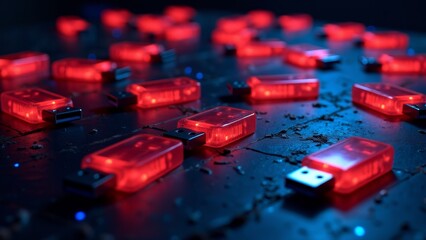 Many Glowing Red USB Flash Drives