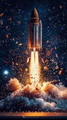 Obraz premium A Space Shuttle Launches Into Outer Space With Flames and Debris