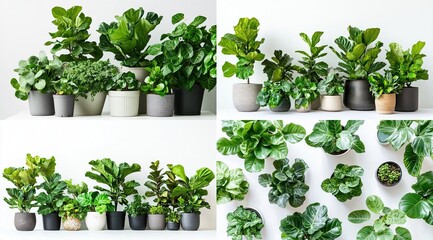 Four views of potted plants, various sizes and types, on white background.