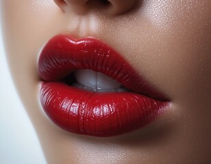 Obraz premium Close-up of Glossy Red Lips and Teeth for Beauty Concept