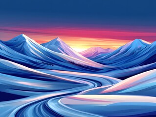 Stunning Sunset Over Snowy Mountains Winding Road Winter Landscape