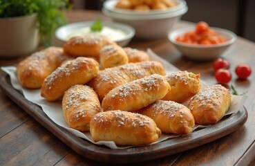 Delicious Turkish pastry Su boregi on wooden tray. Baked food with cheese. Served with fresh tomatoes, yogurt, other dishes for breakfast, lunch, or dinner. Traditional cuisine from Turkey, Balkans.