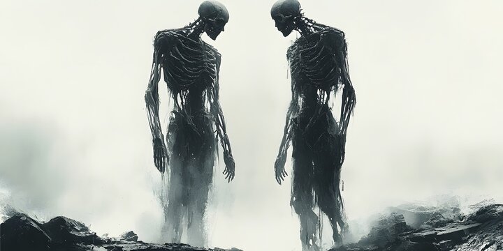 Enigmatic Figures: Two tall, skeletal figures stand in a desolate, foggy landscape, Their forms are eerily detailed, creating an unsettling yet intriguing visual.