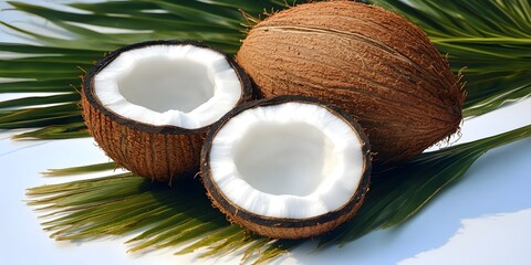 Exotic Tropical Coconuts Halved on Palm Leaf