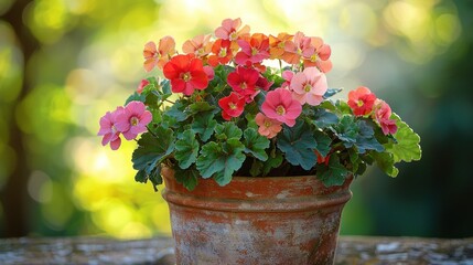 Naklejka premium Colorful flowers in terracotta pot, outdoor garden setting (1)