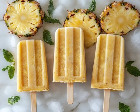 Three pineapple popsicles with sliced pineapple and fresh mint