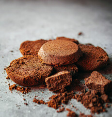 Close-up of coffee grounds from espresso machine. coffee ground on gray background
